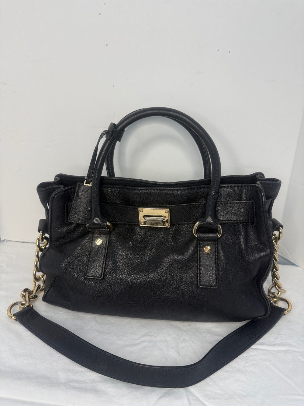 Classic Black Leather Satchel Handbag with Gold Hardware